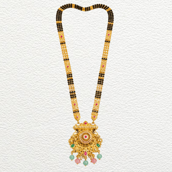 Gold Ganthan Traditional Gold Filigree Medallion Mangalsutra With Pastel Gemstone Droplets - CGA61440 side view