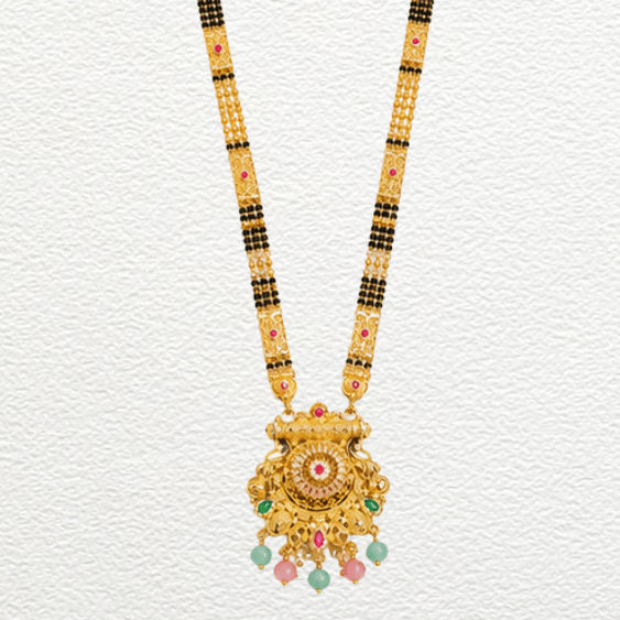 Gold Ganthan Traditional Gold Filigree Medallion Mangalsutra With Pastel Gemstone Droplets - CGA61440 close-up view