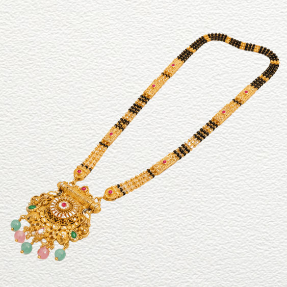 Gold Ganthan Traditional Gold Filigree Medallion Mangalsutra With Pastel Gemstone Droplets - CGA61440 detail view