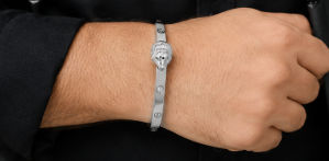 Silver Men’S Sterling Silver Diamond Station Textured Bangle - S925 Cz Pave Geometric Kada - ABR62259 view 5