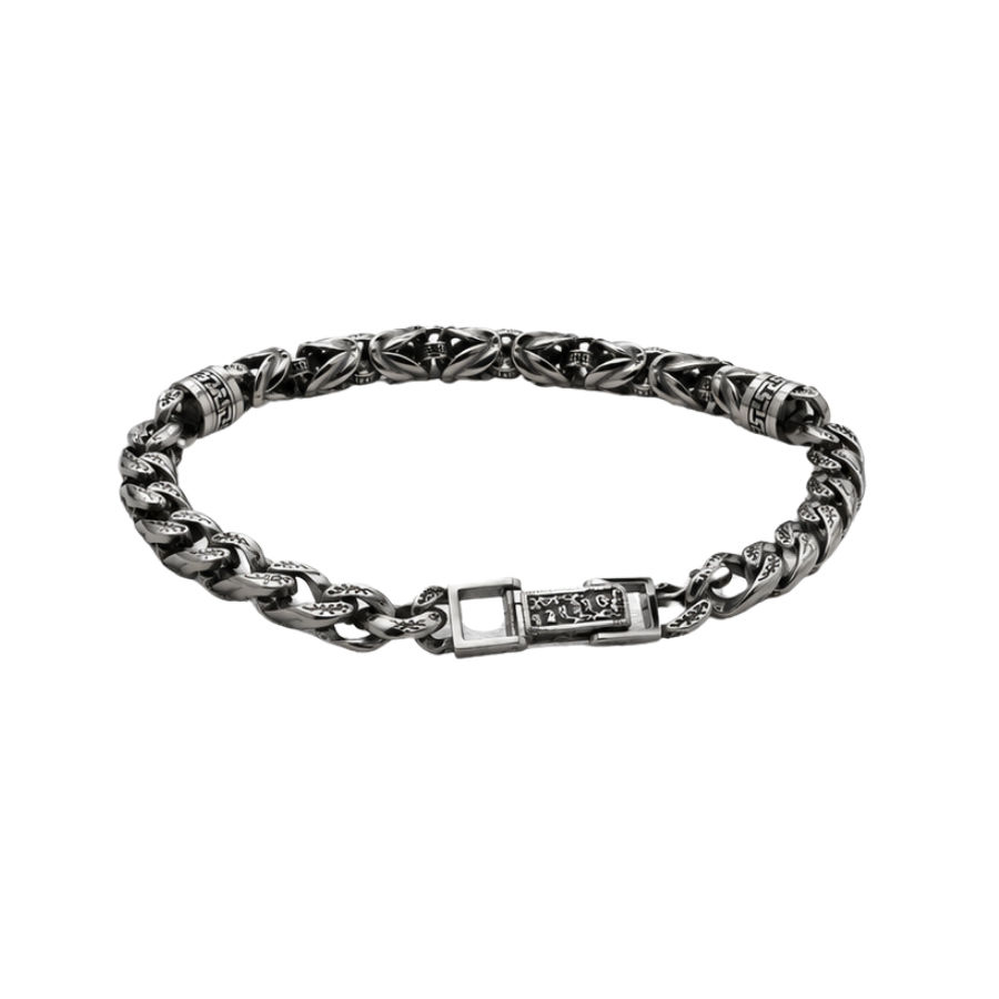 Silver Men'S Vintage Oxidized Silver Byzantine Hybrid Chain Bracelet - Engraved Curb Link Statement Bracelet - ABR62313 front view