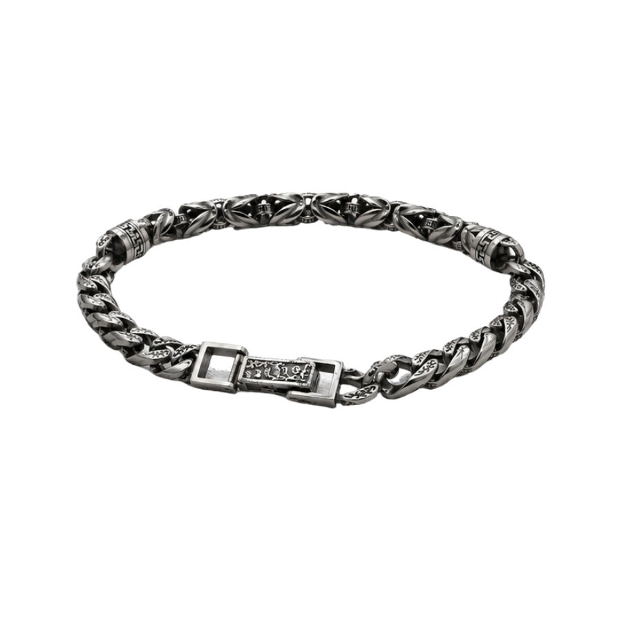 Silver Men'S Vintage Oxidized Silver Byzantine Hybrid Chain Bracelet - Engraved Curb Link Statement Bracelet - ABR62313 side view