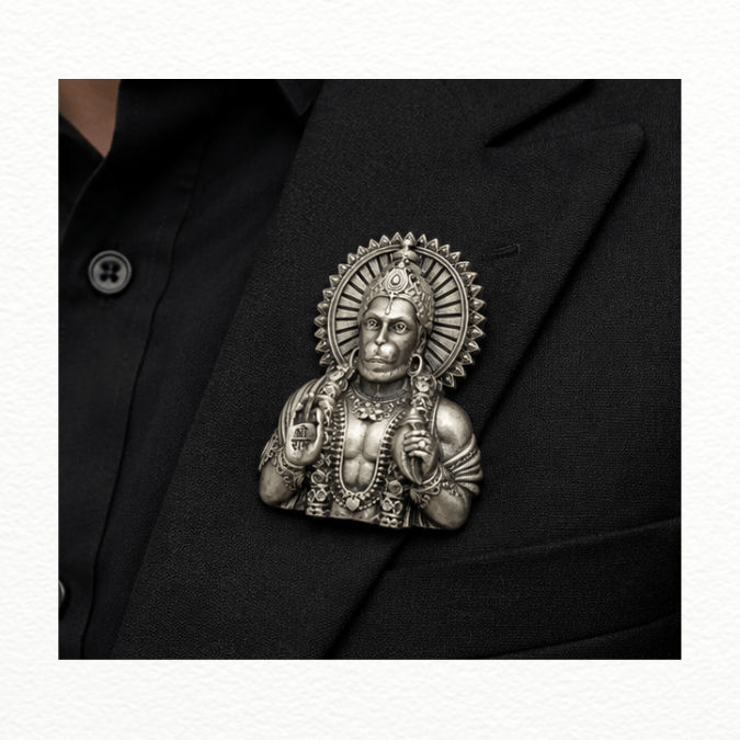 Silver Antique Silver Lord Hanuman Brooch Pin - Divine Aura Statement Lapel Pin - SAC60182 close-up view