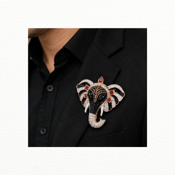 Silver Luxury Rose Gold & Black Enamel Royal Elephant Brooch Pin - Cz & Garnet Accent Statement Lapel Pin - Sac60172