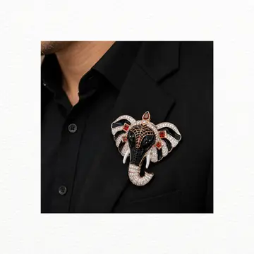 Silver Luxury Rose Gold & Black Enamel Royal Elephant Brooch Pin - Cz & Garnet Accent Statement Lapel Pin - Sac60172