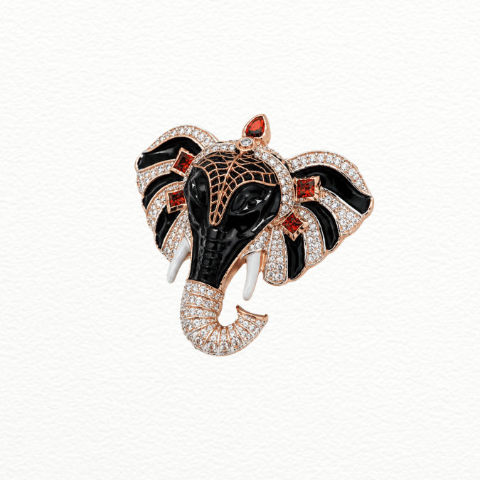 Silver Luxury Rose Gold & Black Enamel Royal Elephant Brooch Pin - Cz & Garnet Accent Statement Lapel Pin - SAC60172 side view