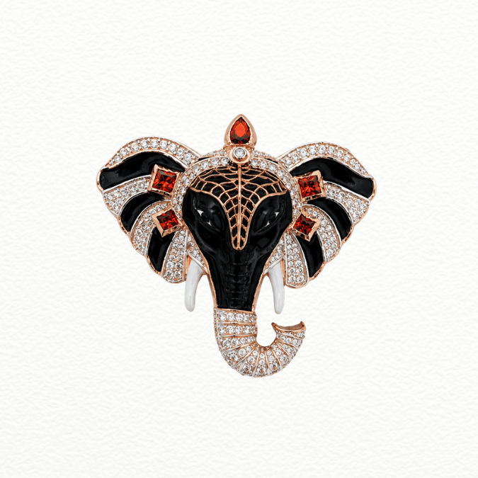 Silver Luxury Rose Gold & Black Enamel Royal Elephant Brooch Pin - Cz & Garnet Accent Statement Lapel Pin - SAC60172 close-up view