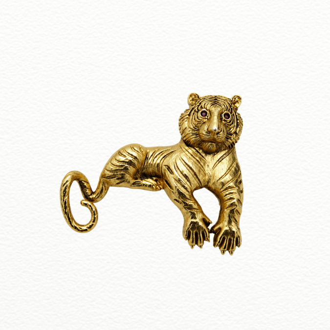 Silver Vintage Gold Sculpted Tiger Brooch Pin - Ruby-Eyed Bengal Tiger Statement Lapel Pin - Sac60183