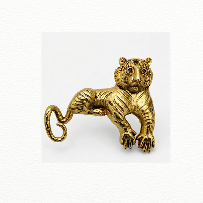Silver Vintage Gold Sculpted Tiger Brooch Pin - Ruby-Eyed Bengal Tiger Statement Lapel Pin - SAC60183 side view