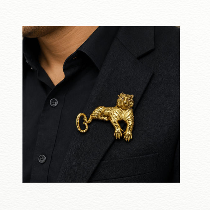 Silver Vintage Gold Sculpted Tiger Brooch Pin - Ruby-Eyed Bengal Tiger Statement Lapel Pin - SAC60183 close-up view