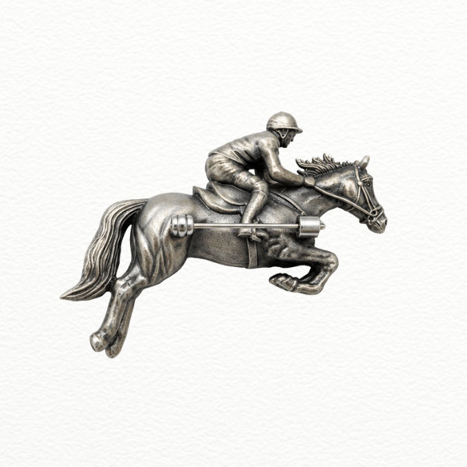 Silver Antique Silver Jumping Horse & Jockey Equestrian Brooch Pin - Vintage Lapel Pin - SAC60180 side view