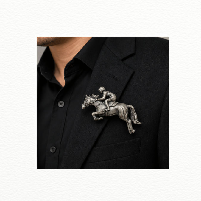 Silver Antique Silver Jumping Horse & Jockey Equestrian Brooch Pin - Vintage Lapel Pin - SAC60180 close-up view