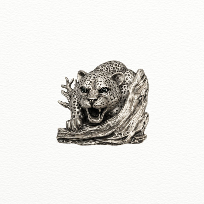Silver Antique Silver Prowling Leopard Brooch Pin - Emerald-Eyed Wildlife Statement Lapel Pin - SAC60181 side view