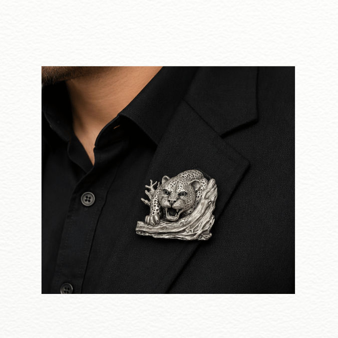 Silver Antique Silver Prowling Leopard Brooch Pin - Emerald-Eyed Wildlife Statement Lapel Pin - SAC60181 close-up view