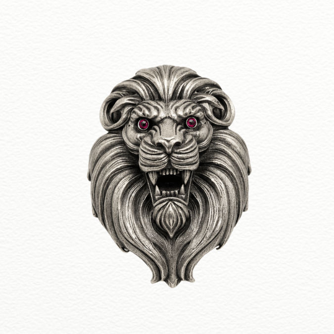 Silver Antique Silver Roaring Lion Head Brooch Pin - Ruby-Eyed Statement Lapel Pin - Sac60179