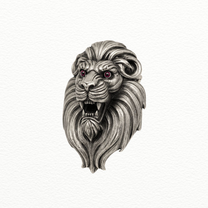 Silver Antique Silver Roaring Lion Head Brooch Pin - Ruby-Eyed Statement Lapel Pin - SAC60179 side view