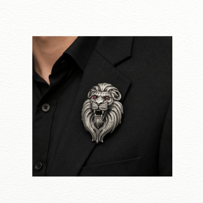 Silver Antique Silver Roaring Lion Head Brooch Pin - Ruby-Eyed Statement Lapel Pin - SAC60179 close-up view