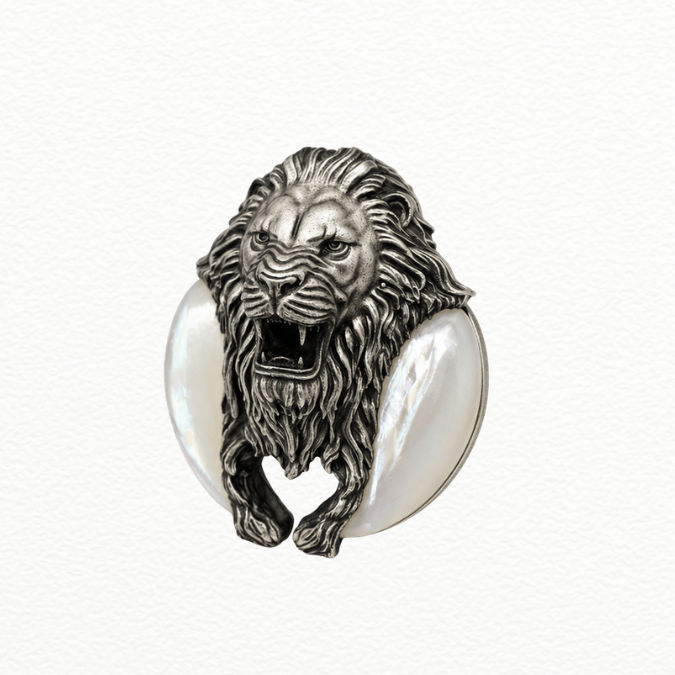Silver Antique Silver Roaring Lion Head Brooch Pin - Faux Claw Accent Statement Lapel Pin - SAC60177 side view