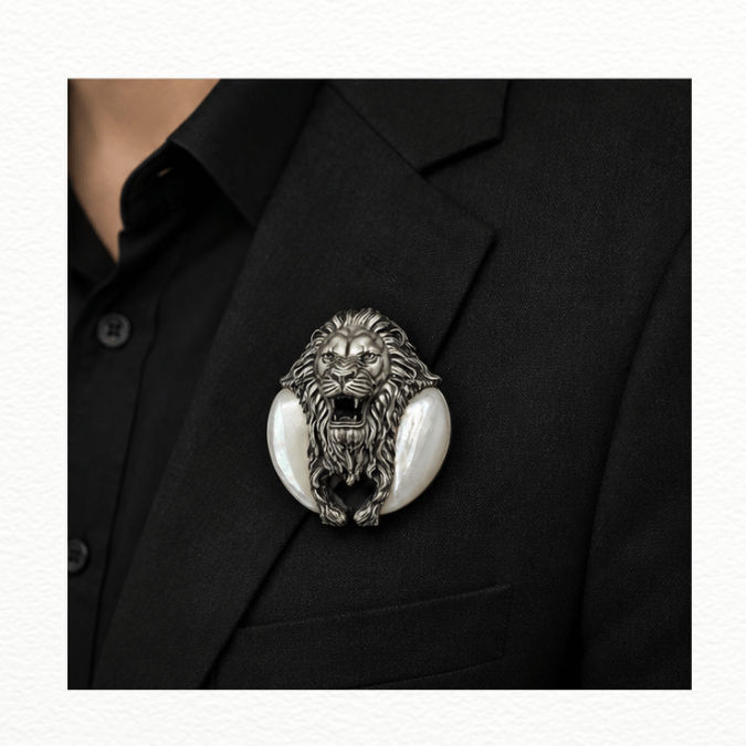 Silver Antique Silver Roaring Lion Head Brooch Pin - Faux Claw Accent Statement Lapel Pin - SAC60177 close-up view