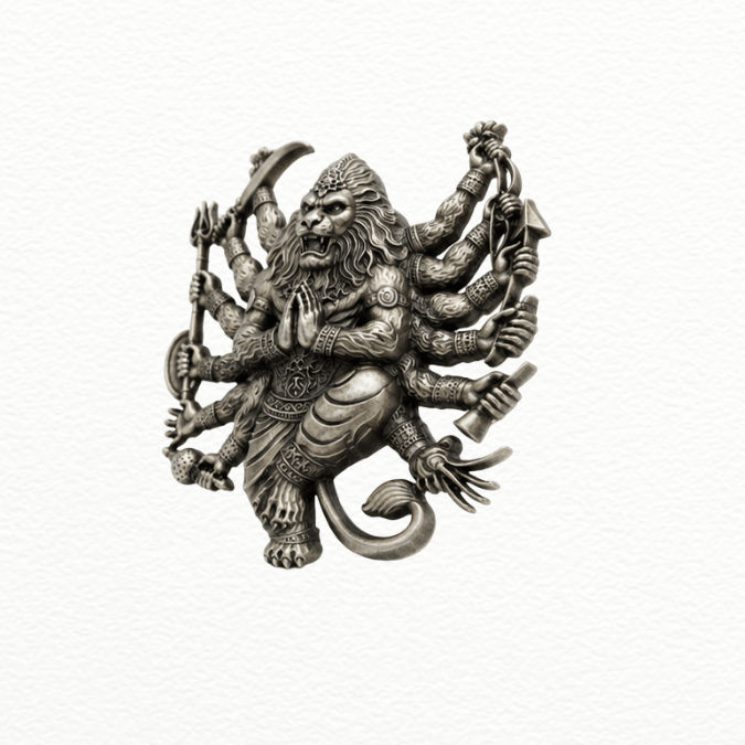 Silver Antique Silver Lord Narasimha Brooch Pin - Multi-Armed Divine Avatar Statement Lapel Pin - SAC60175 side view