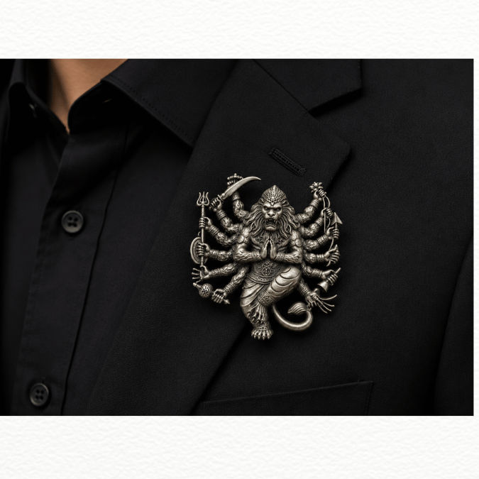 Silver Antique Silver Lord Narasimha Brooch Pin - Multi-Armed Divine Avatar Statement Lapel Pin - SAC60175 close-up view