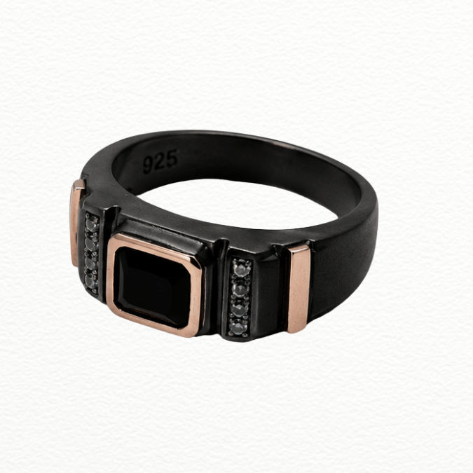 Silver Rings Men'S Black Silver & Rose Gold Onyx Ring - Cz Accented Statement Band - JA72071 side view