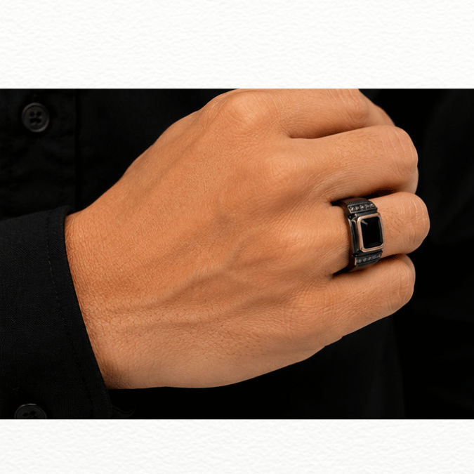 Silver Rings Men'S Black Silver & Rose Gold Onyx Ring - Cz Accented Statement Band - JA72071 detail view