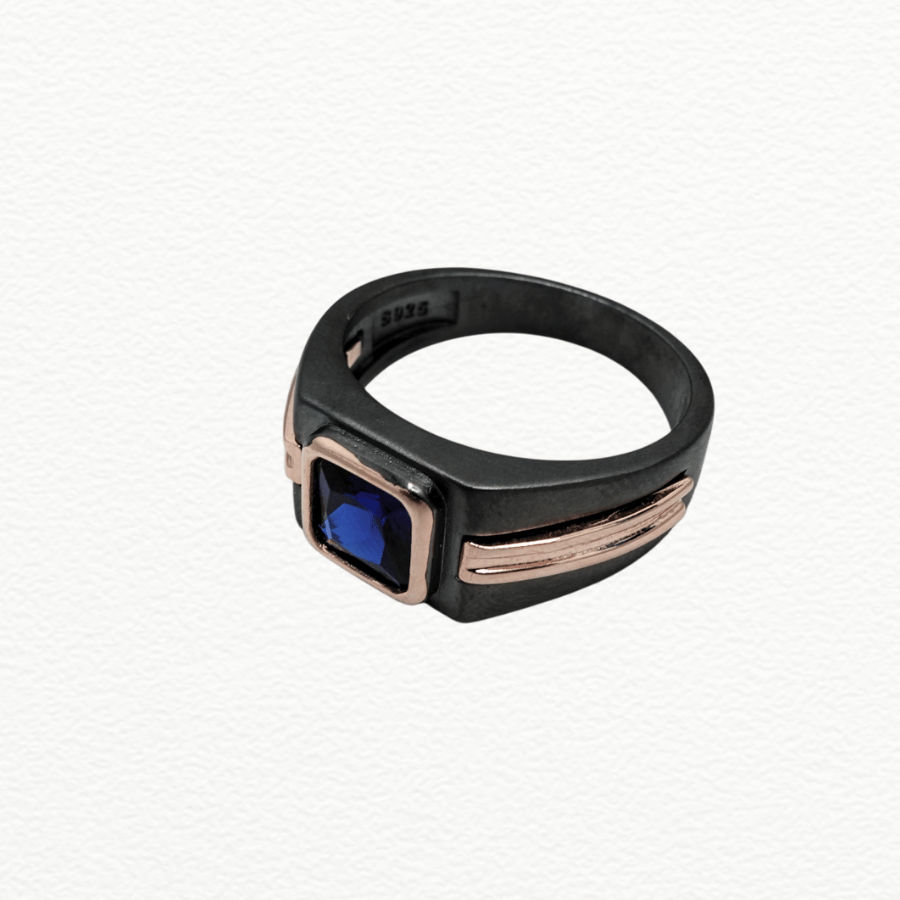 Silver Rings Men’S Black Rhodium & Rose Gold 925 Sterling Silver Blue Sapphire Zircon Ring - Ja72077