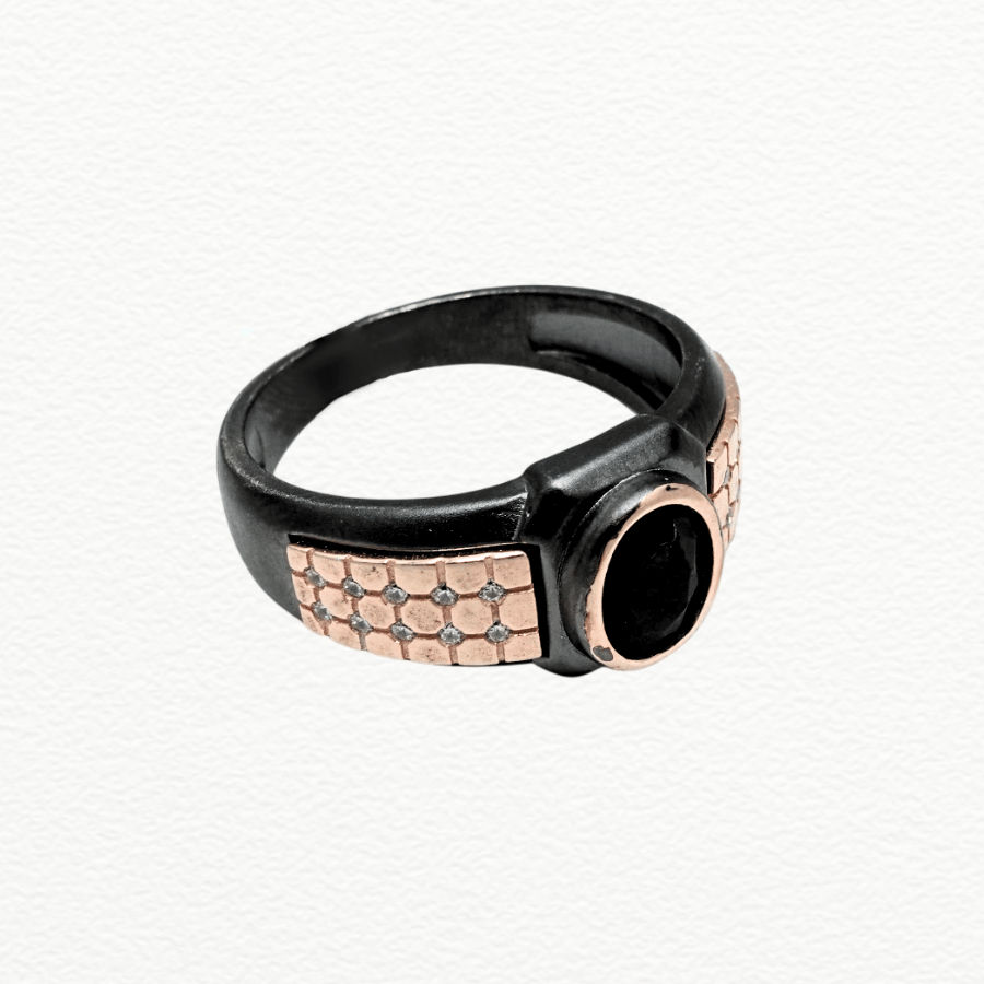 Silver Rings Men’S Black Rhodium & Rose Gold 925 Sterling Silver Oval Black Zircon Solitaire Ring - Grid Textured Band - Ja72076