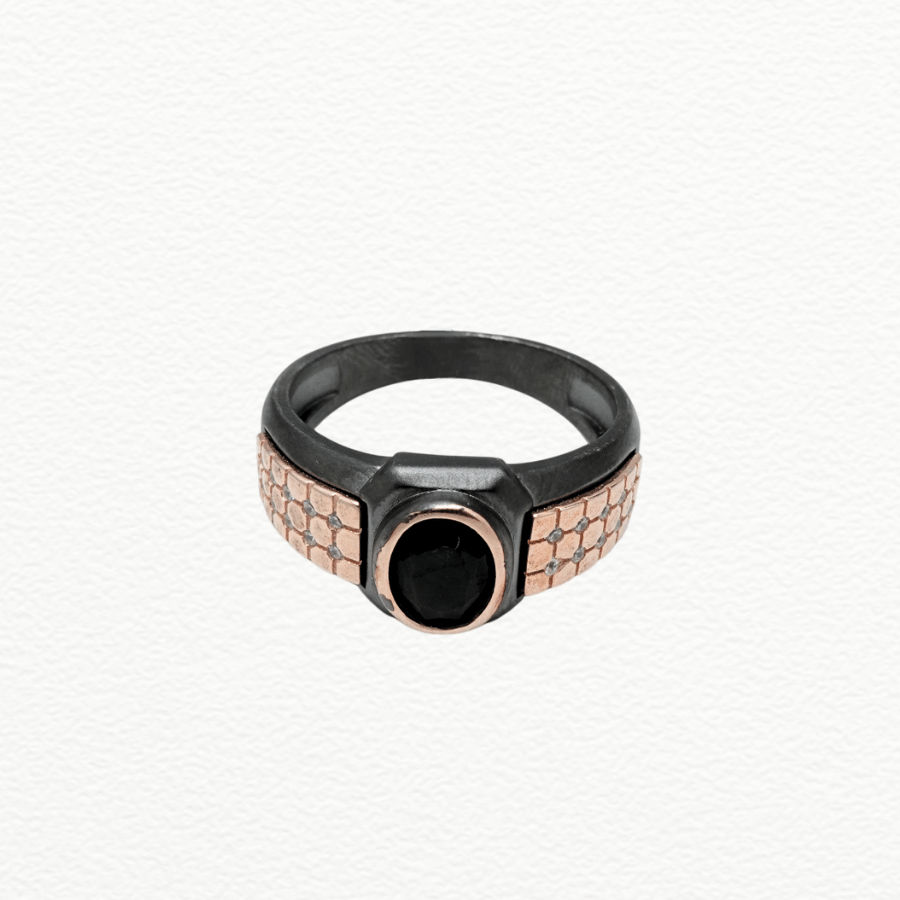 Silver Rings Men’S Black Rhodium & Rose Gold 925 Sterling Silver Oval Black Zircon Solitaire Ring - Grid Textured Band - JA72076 side view