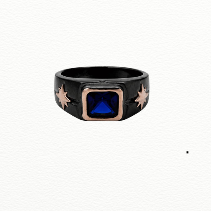 Silver Rings Product Name Men'S Black Silver & Rose Gold Blue Sapphire Ring - Starburst Accent Signet Ring - Ja72072
