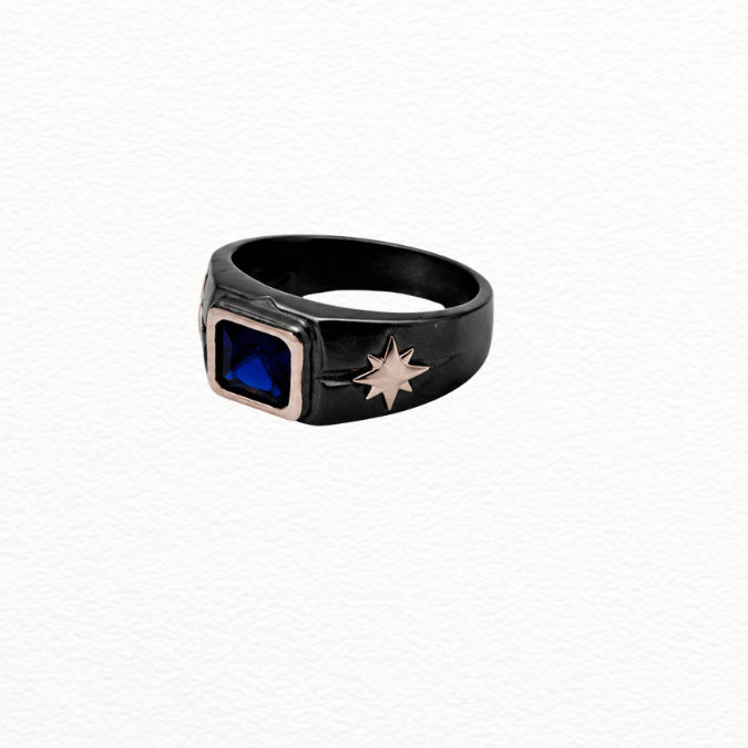 Silver Rings Product Name Men'S Black Silver & Rose Gold Blue Sapphire Ring - Starburst Accent Signet Ring - JA72072 side view