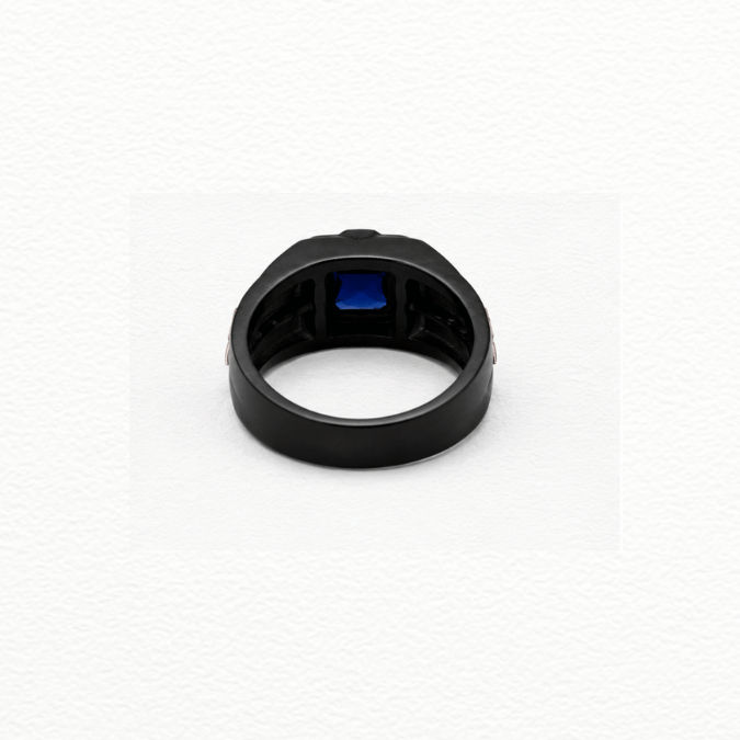 Silver Rings Product Name Men'S Black Silver & Rose Gold Blue Sapphire Ring - Starburst Accent Signet Ring - JA72072 close-up view