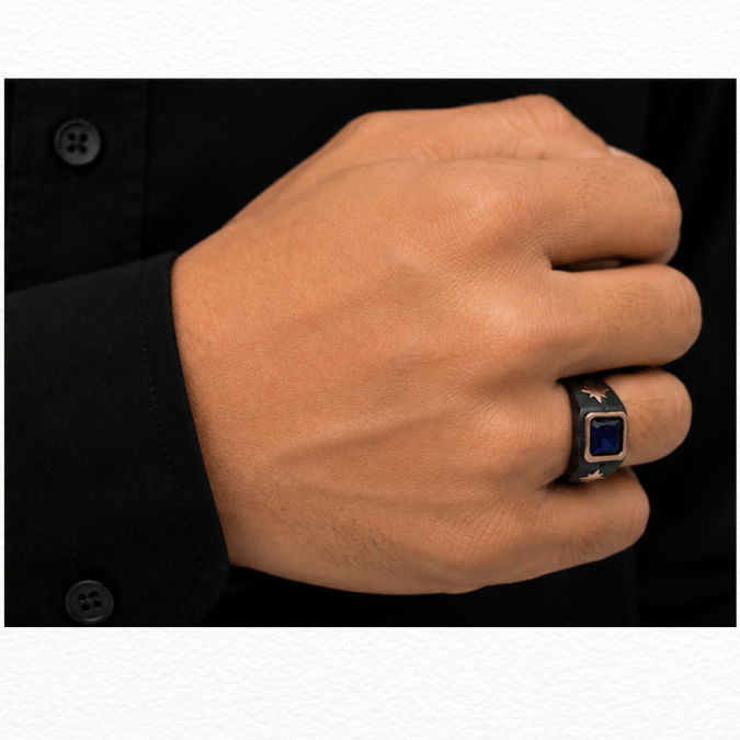 Silver Rings Product Name Men'S Black Silver & Rose Gold Blue Sapphire Ring - Starburst Accent Signet Ring - JA72072 detail view