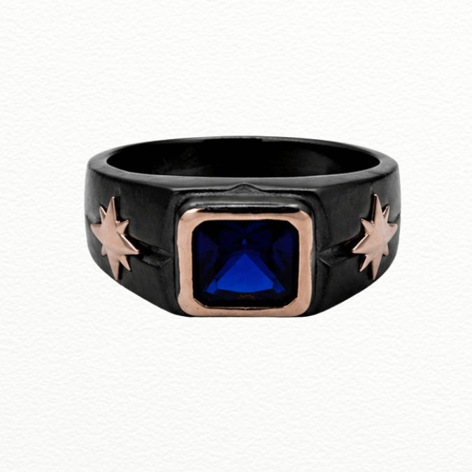 Silver Rings Product Name Men'S Black Silver & Rose Gold Blue Sapphire Ring - Starburst Accent Signet Ring - JA72072 view 5