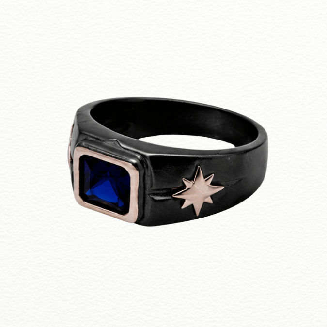 Silver Rings Product Name Men'S Black Silver & Rose Gold Blue Sapphire Ring - Starburst Accent Signet Ring - JA72072 view 6