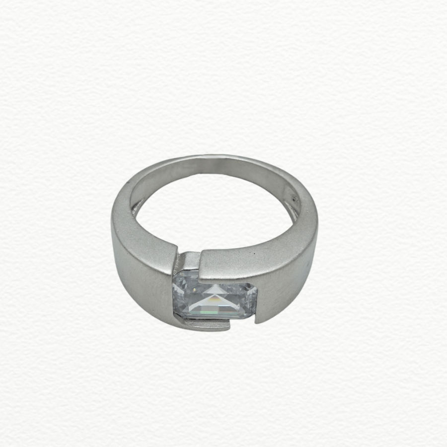 Silver Rings Men’S 925 Sterling Silver Emerald-Cut Zircon Solitaire Ring - Textured Presidential Band - Ja72081