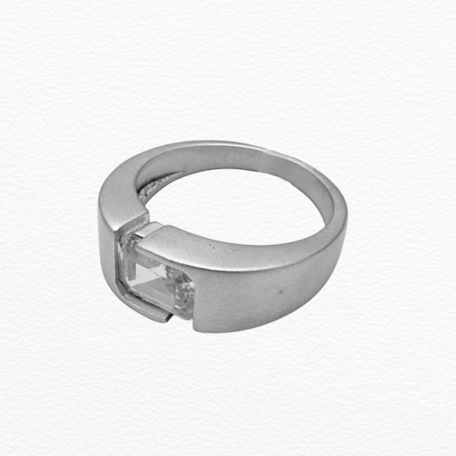 Silver Rings Men’S 925 Sterling Silver Emerald-Cut Zircon Solitaire Ring - Textured Presidential Band - JA72081 side view
