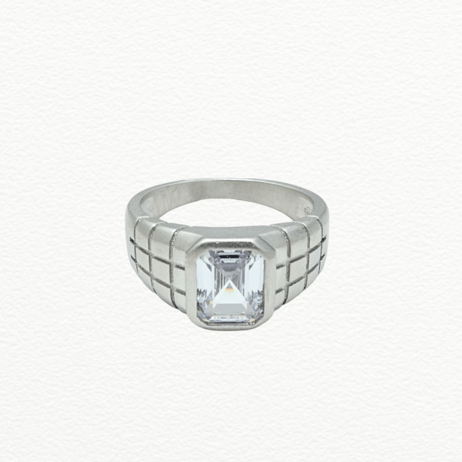 Silver Rings Men’S 925 Sterling Silver Emerald-Cut Zircon Solitaire Ring - Textured Presidential Band - JA72084 side view