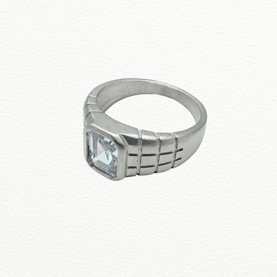 Silver Rings Men’S 925 Sterling Silver Emerald-Cut Zircon Solitaire Ring - Textured Presidential Band - JA72084 close-up view