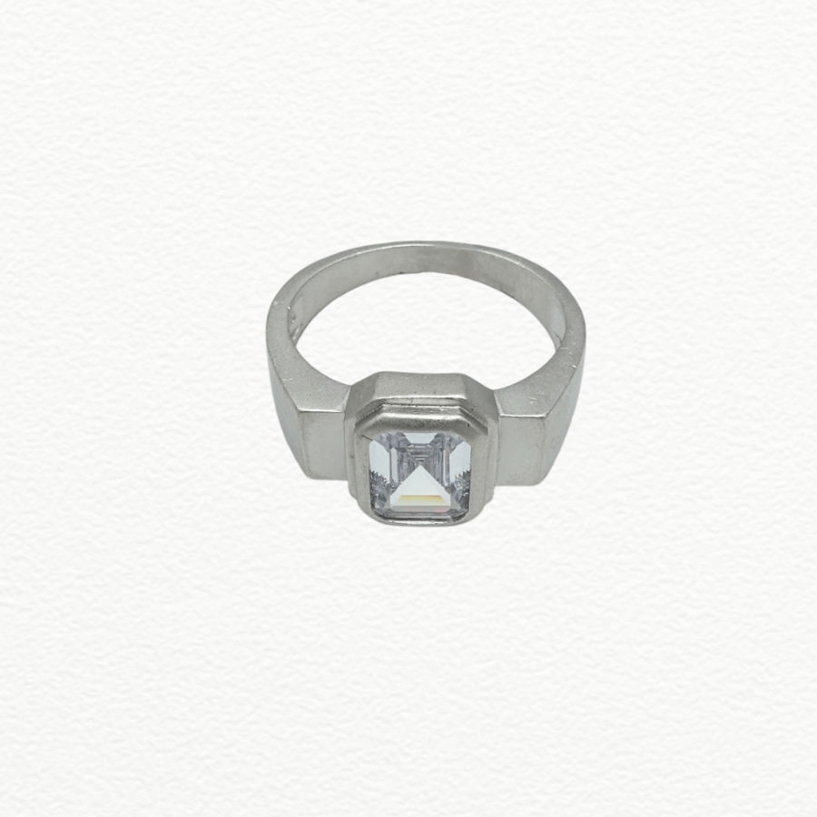 Silver Rings Men’S 925 Sterling Silver Emerald-Cut Zircon Solitaire Ring - Double Bezel Band - Ja72082
