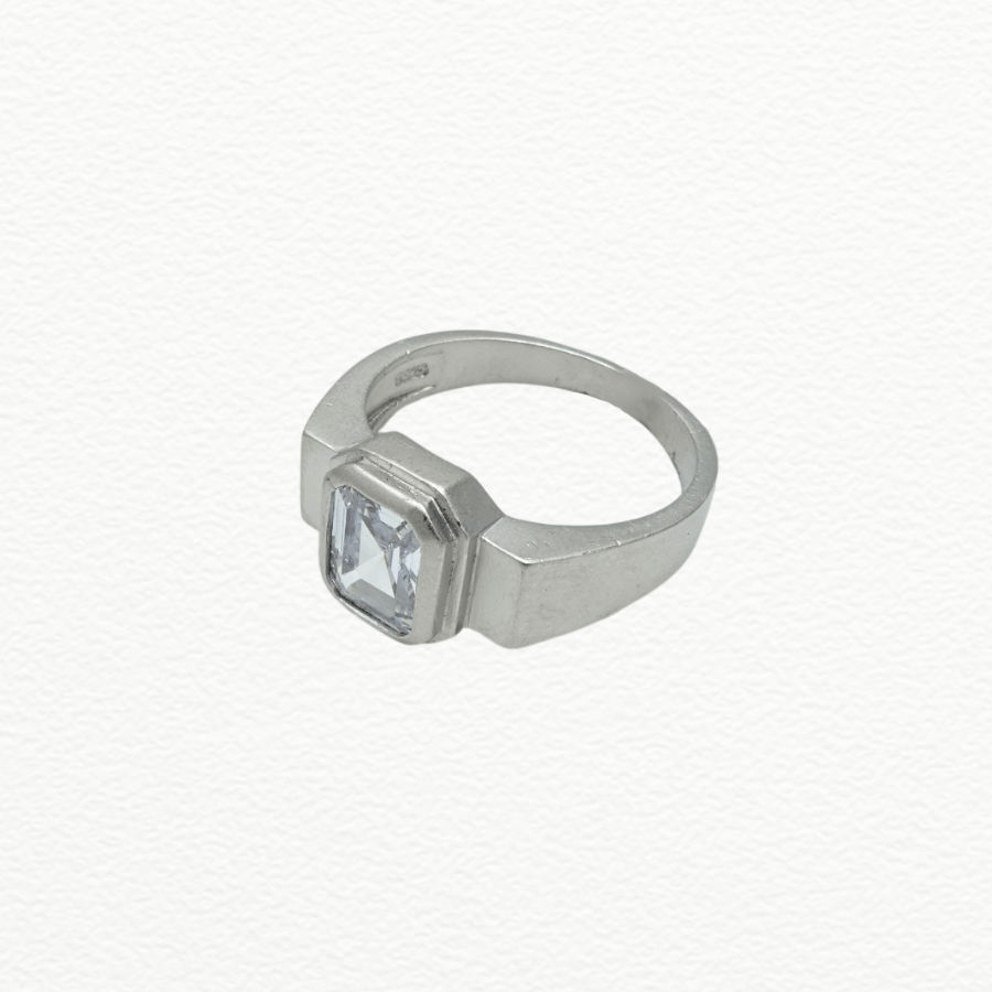 Silver Rings Men’S 925 Sterling Silver Emerald-Cut Zircon Solitaire Ring - Double Bezel Band - JA72082 side view