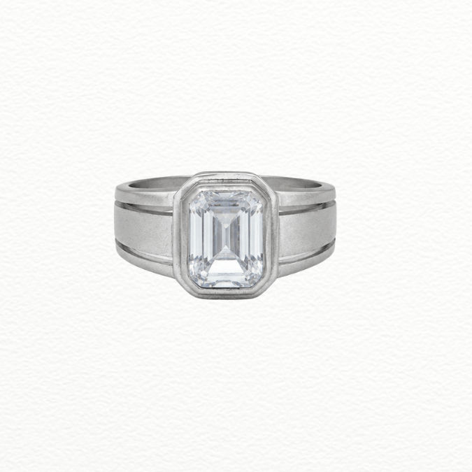 Silver Rings Men'S Silver Bezel-Set Emerald Cut Cz Solitaire Ring - Modern Wide Band Statement Ring - Ja72086