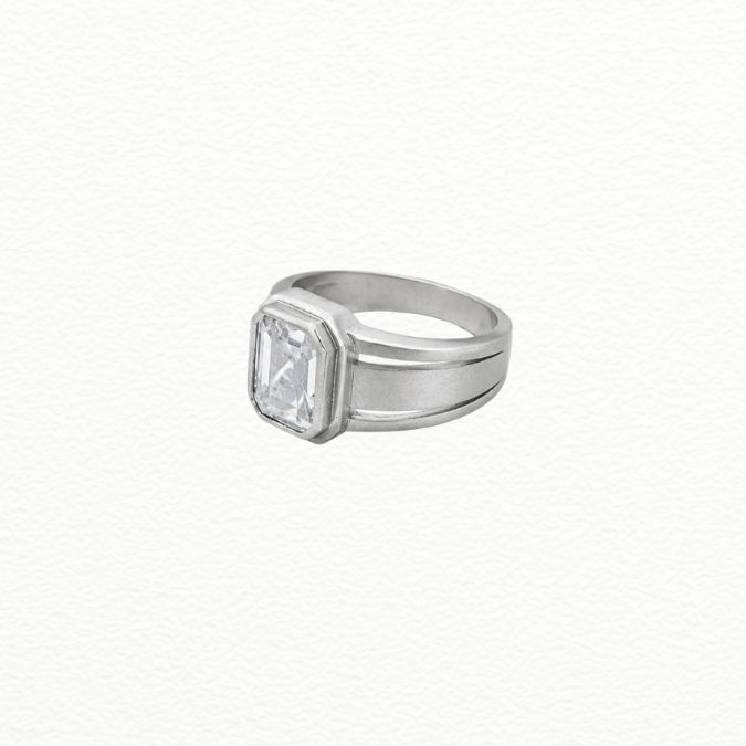 Silver Rings Men'S Silver Bezel-Set Emerald Cut Cz Solitaire Ring - Modern Wide Band Statement Ring - JA72086 side view