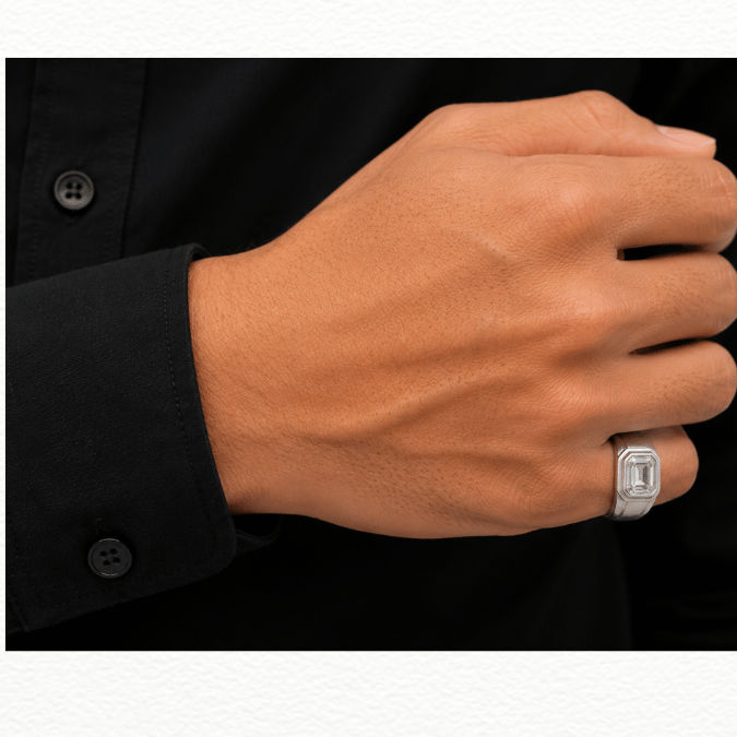 Silver Rings Men'S Silver Bezel-Set Emerald Cut Cz Solitaire Ring - Modern Wide Band Statement Ring - JA72086 detail view