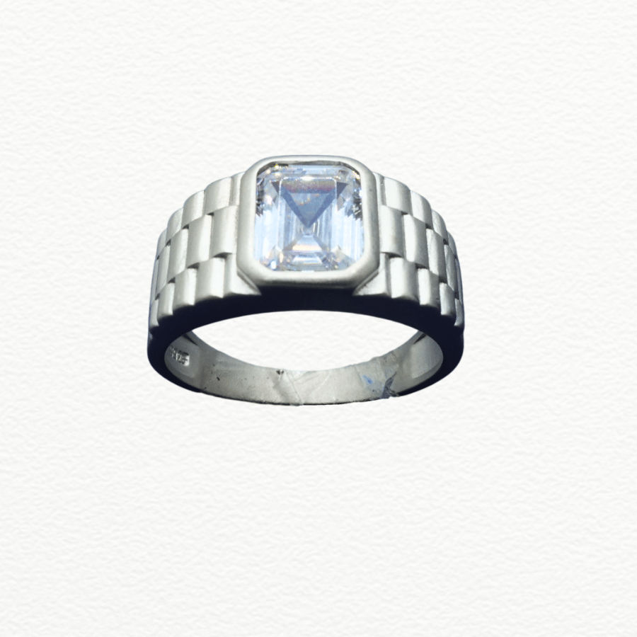 Silver Rings Men’S 925 Sterling Silver Emerald-Cut Zircon Solitaire Ring - Textured Presidential Band - Ja72080