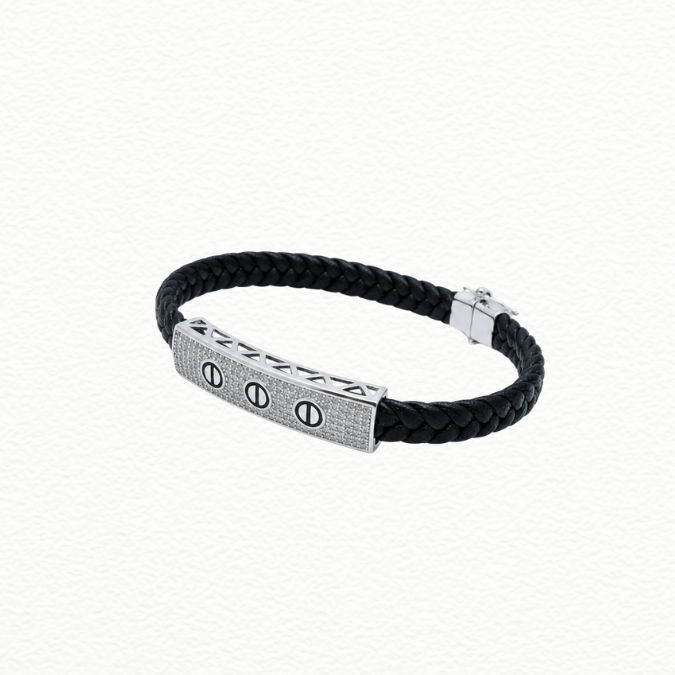 Silver Men'S Silver Screw Motif Id Bar Braided Black Leather Bracelet - Cz Pavé Statement Wristband - ABR62302 front view