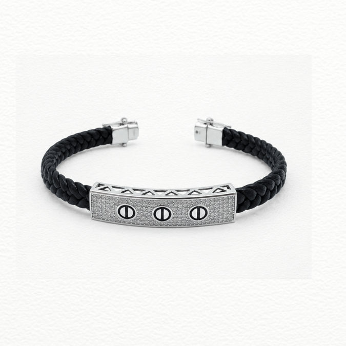 Silver Men'S Silver Screw Motif Id Bar Braided Black Leather Bracelet - Cz Pavé Statement Wristband - ABR62302 side view