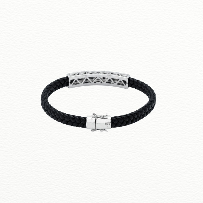 Silver Men'S Silver Screw Motif Id Bar Braided Black Leather Bracelet - Cz Pavé Statement Wristband - ABR62302 close-up view