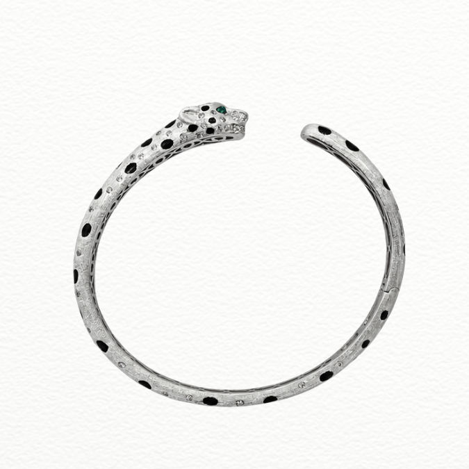 Silver Wild Elegance Silver Panther Cuff Kada - Emerald-Eyed Leopard Open Statement Bracelet - Abr62281